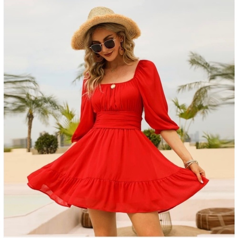 Womens Red Puff Sleeve Square Neck Empire Waist Ruffle Hem Mini‎ Dress
